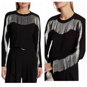 NEW CINQ A SEPT althea fringe sweater in black/silver $395